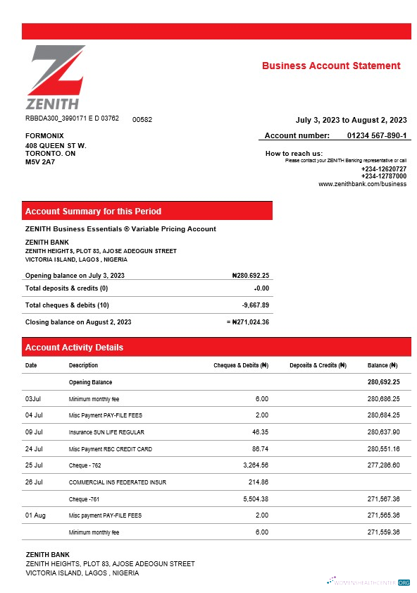 Download Zenith Bank business checking account statement Word and PDF template Photoshop template